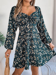 Printed Sweetheart Neck Balloon Sleeve Mini Dress - Trendsi