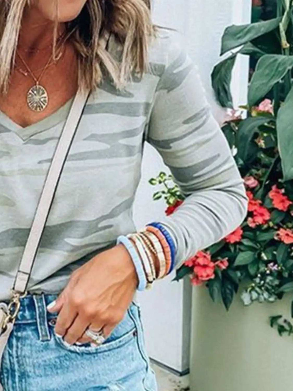 Camouflage V-Neck Long Sleeve T-Shirt - Trendsi - Flyclothing LLC