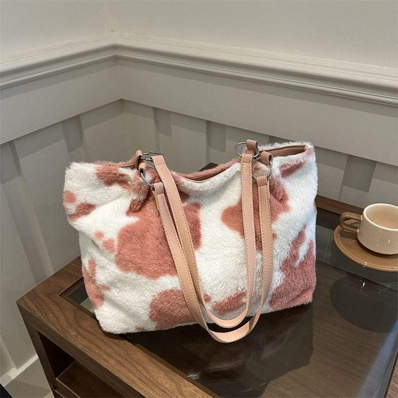 Cow Print Furry Tote Bag - Trendsi - Flyclothing LLC