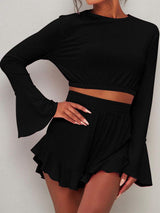 Round Neck Long Sleeve Top and Ruffled Shorts Set - Trendsi - Flyclothing LLC