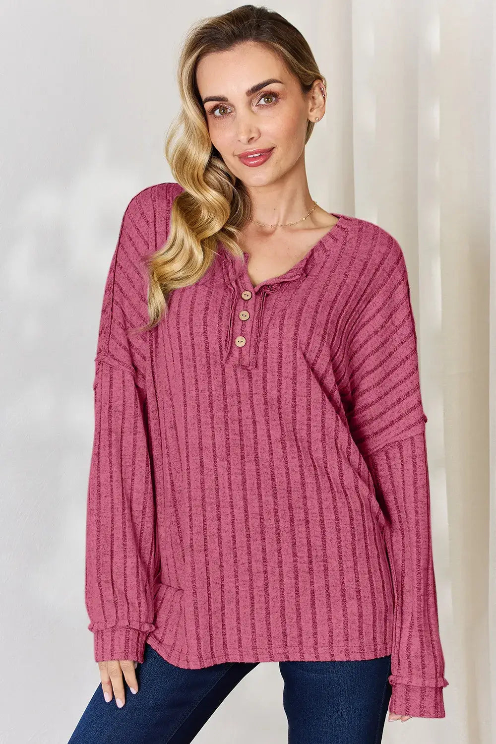 Basic Bae Full Size Ribbed Half Button Long Sleeve T-Shirt - ShopBasicbae - Flyclothing LLC