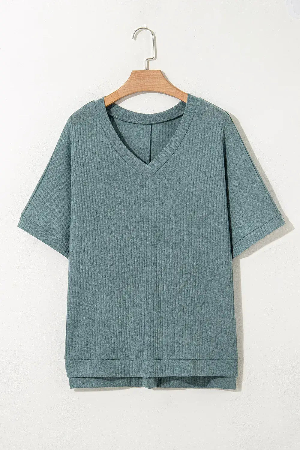 Oversized Ribbed Knit V Neck Dolman Short Sleeve Top - Trendsi - Flyclothing LLC