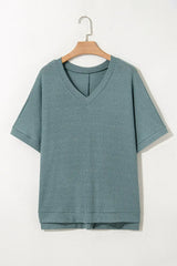 Oversized Ribbed Knit V Neck Dolman Short Sleeve Top - Trendsi - Flyclothing LLC