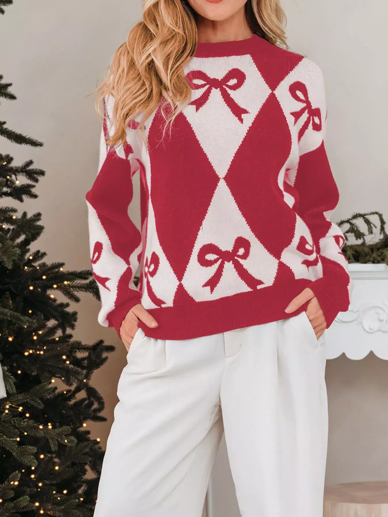 Bow Print 2-Tone Rhombus Knit Loose Sweater - Trendsi - Flyclothing LLC