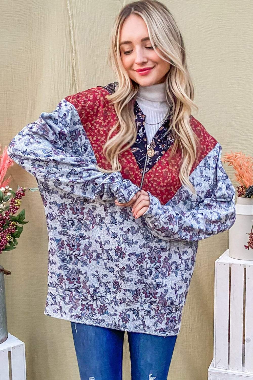 And The Why Printed Half Zip Up Long Sleeve Hoodie - Trendsi - Flyclothing LLC
