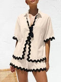 Contrast Trim Half Sleeve Top and Shorts Set - Trendsi