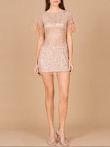 Short Sleeve Cocktail Dress with Feathers
