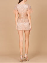 Short Sleeve Cocktail Dress with Feathers
