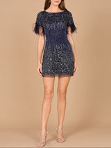 Short Sleeve Cocktail Dress with Feathers