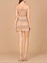 Beaded Cocktail Dress with Cap Sleeves and Fringe