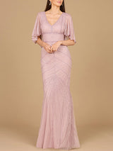 Cape Sleeve Beaded Gown
