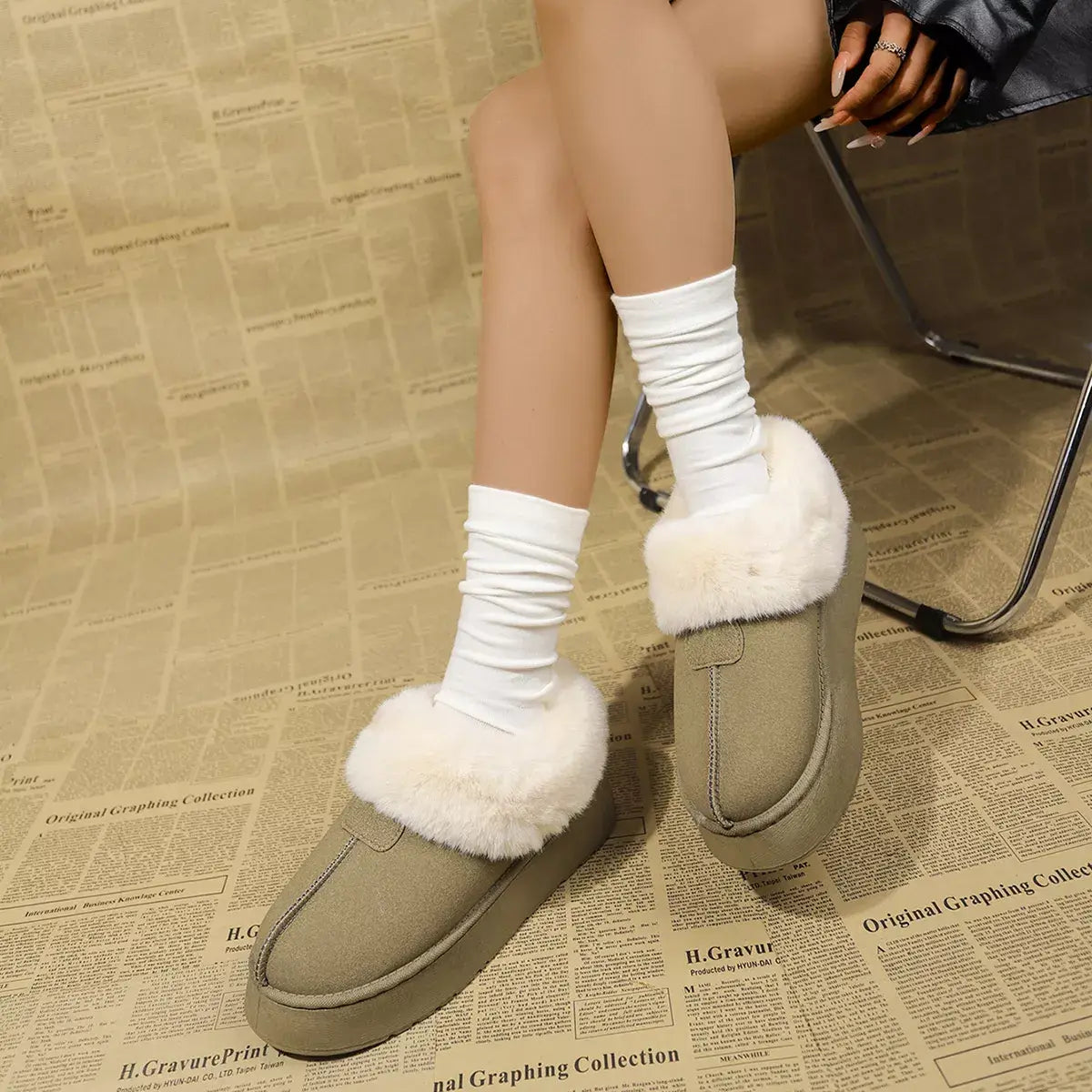 Fuzzy Trim Platform Boots - Trendsi - Flyclothing LLC