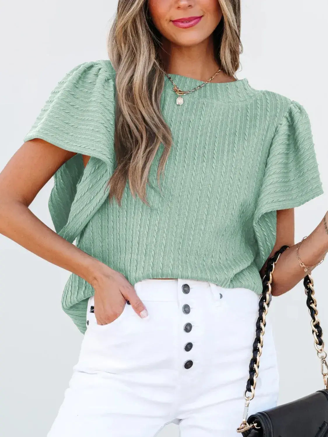 Round Neck Ruffle Sleeve Top - Trendsi - Flyclothing LLC