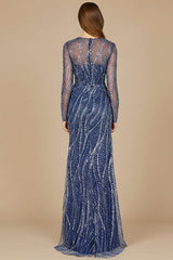 Long Sleeve Sheath Gown with Silver Beads