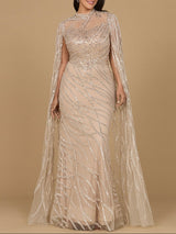 High Neck Gown with Long Cape Sleeves