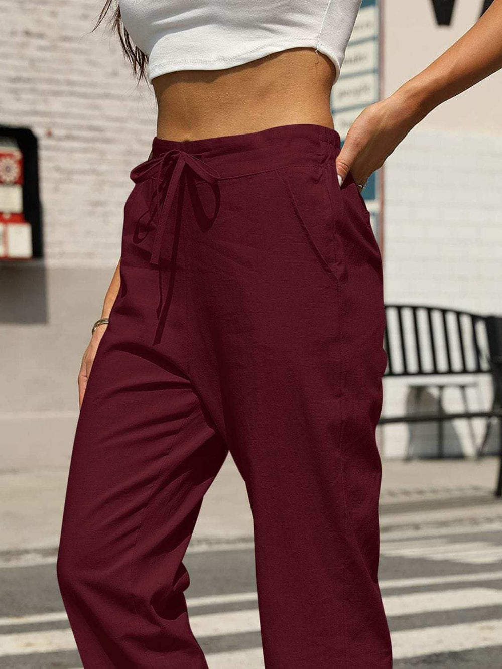 Elastic Waist Tapered Pants - Trendsi - Flyclothing LLC