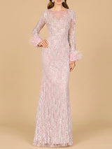 Long Sleeve Sheath Gown with Feathers