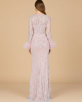 Long Sleeve Sheath Gown with Feathers