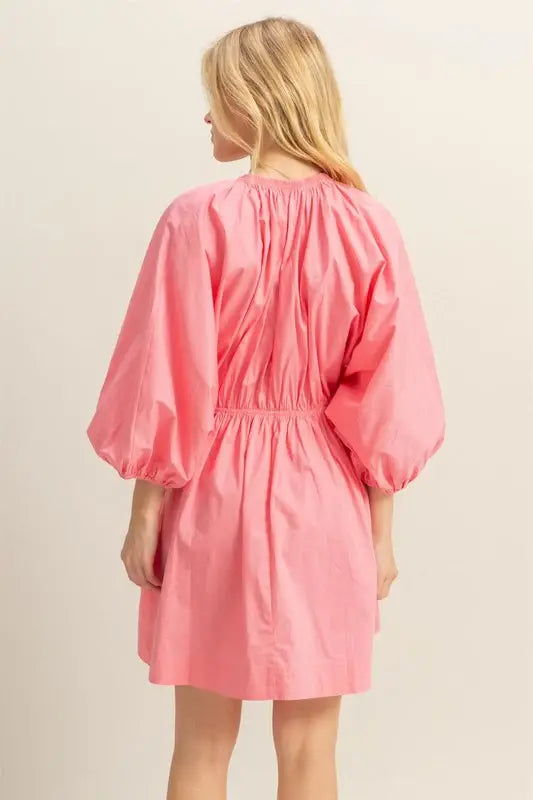 HYFVE Plunge Balloon Sleeve Poplin Mini Dress with Pockets - Trendsi - Flyclothing LLC