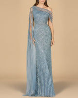 One Shoulder Fitted Gown with Cape Sleeve | Lara 29051