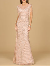 Beaded Fringe Illusion Dress with Cap Sleeves