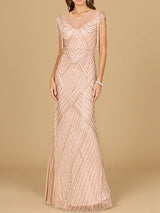 Beaded Fringe Illusion Dress with Cap Sleeves