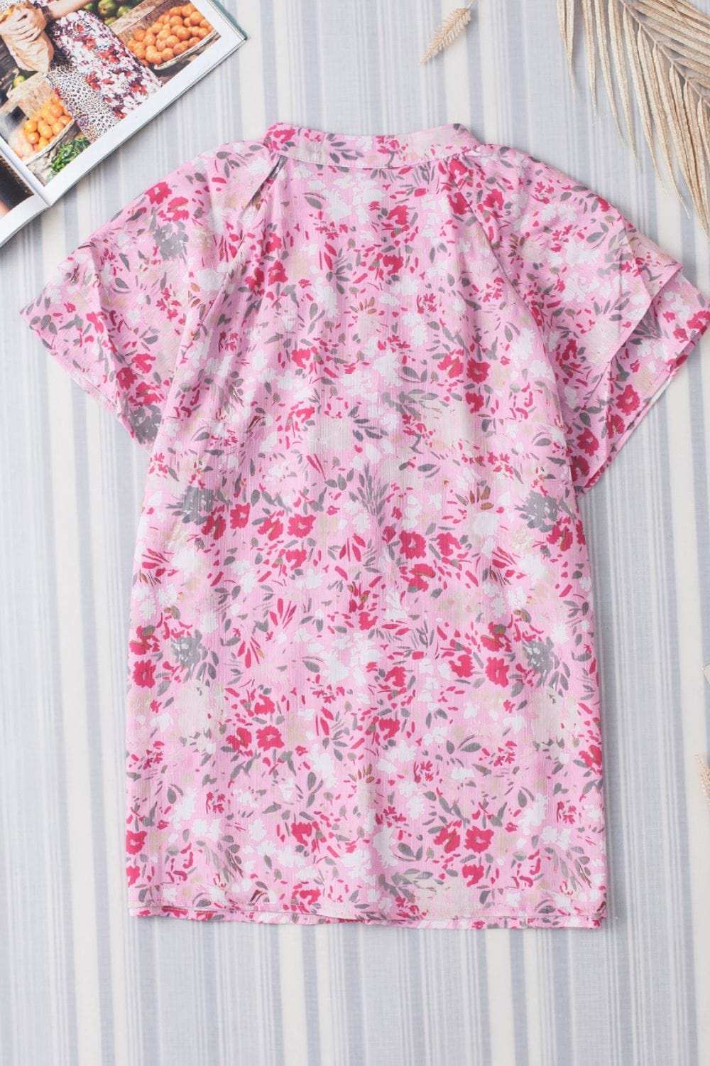 Floral Half Button Round Neck Short Sleeve Blouse - Trendsi - Flyclothing LLC