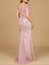 Short Sleeve, Beaded Mermaid Gown