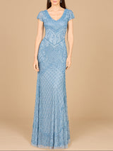 Beaded Cap Sleeve Gown With V-Neckline - OUTLET