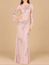 Long Sleeve, High Neck Beaded Gown - OUTLET