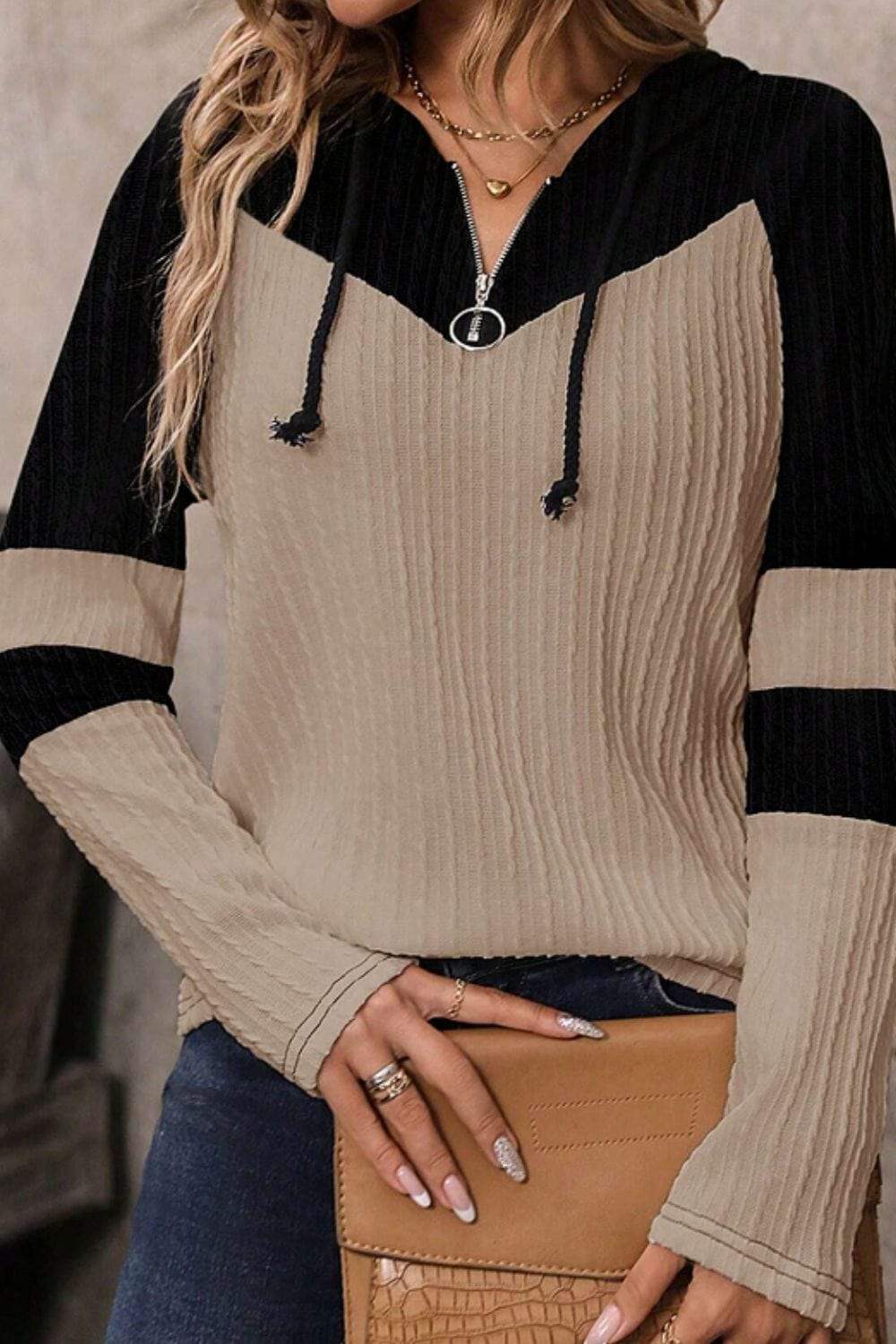 Drawstring Quarter Zip Contrast Long Sleeve Hoodie - Trendsi - Flyclothing LLC