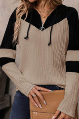 Drawstring Quarter Zip Contrast Long Sleeve Hoodie - Trendsi - Flyclothing LLC