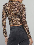 Leopard Mock Neck Long Sleeve Sheer Top - Trendsi