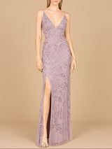 Embellished Gown with Slit And Spaghetti Straps  - OUTLET