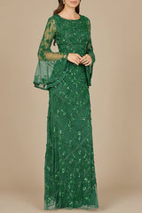 Bell Sleeved High Neck Beaded Gown