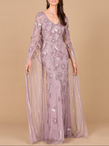 Beaded Sheath Dress with Long Cape