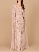 Beaded Sheath Dress with Long Cape