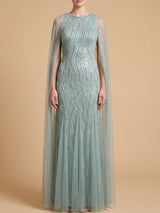 Elegant Beaded Dress with Long Cape