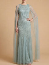 Elegant Beaded Dress with Long Cape