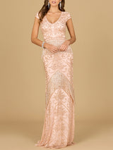 Cap Sleeve Beaded Gown with Fringe | 29098