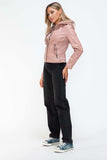 Snobbish Faux Leather Zip Up Drawstring Hooded Jacket - Trendsi - Flyclothing LLC
