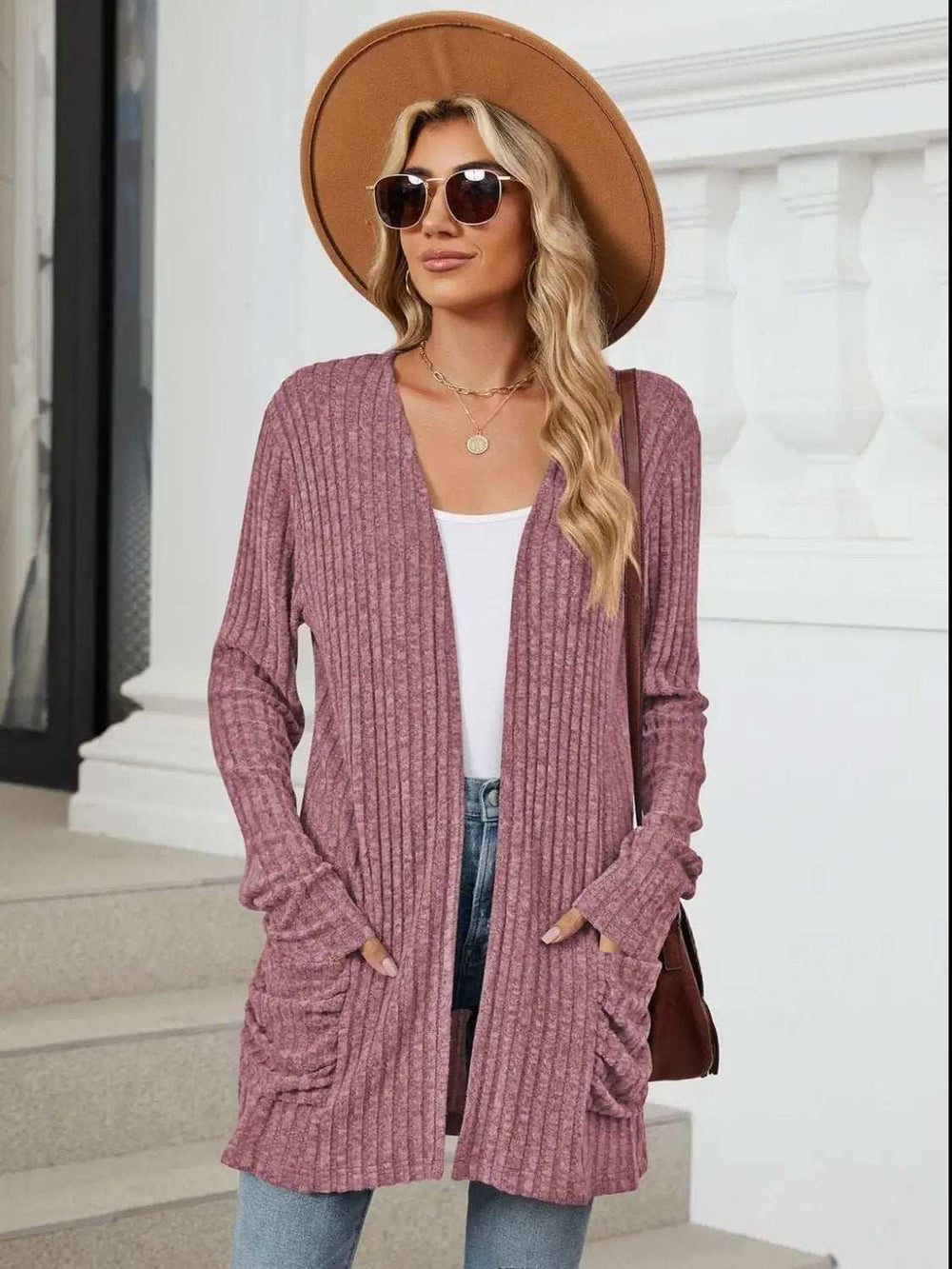 Pocketed Open Front Long Sleeve Cardigan - Trendsi - Flyclothing LLC