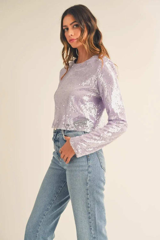 MABLE Shoulder Padded Sequin Crop Top - Trendsi - Flyclothing LLC