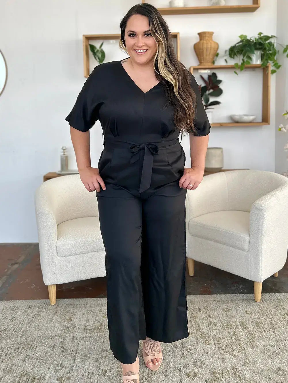 Double Take Full Size V-Neck Tied Side Slit Jumpsuit - Trendsi - Flyclothing LLC