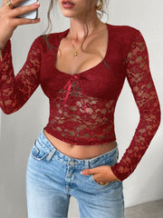 Devine Scoop Neck Long Sleeve Lace Top - Trendsi