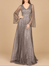 Beaded Long Dress with Flare Sleeves