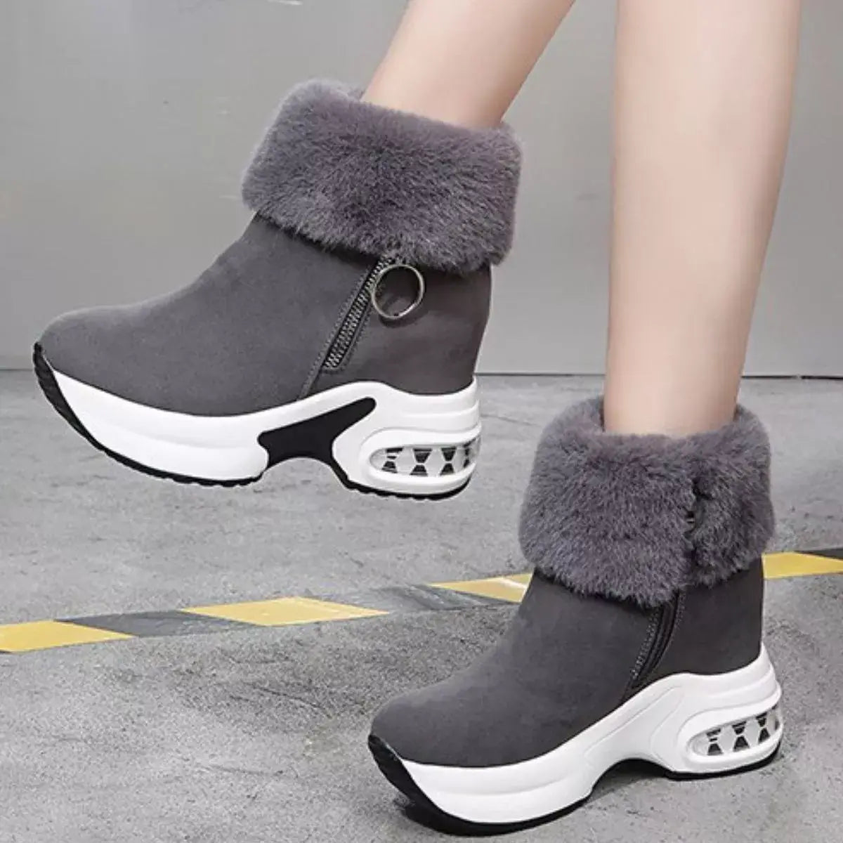 Fuzzy Side Zipper Platform Ankle Boots - Trendsi - Flyclothing LLC