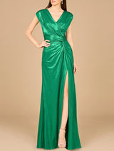 V-Neck Metallic Dress with Slit - OUTLET