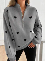 Full Size Heart Half-Zip Long Sleeve Sweater Plus Size - Trendsi - Flyclothing LLC