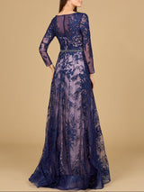 Long Sleeve V-Neck Lace Gown with Beaded Belt